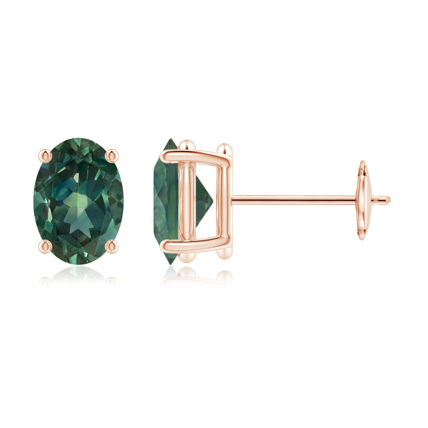 7x5mm AA Claw-Set Solitaire Oval Teal Montana Sapphire Stud Earrings in Rose Gold