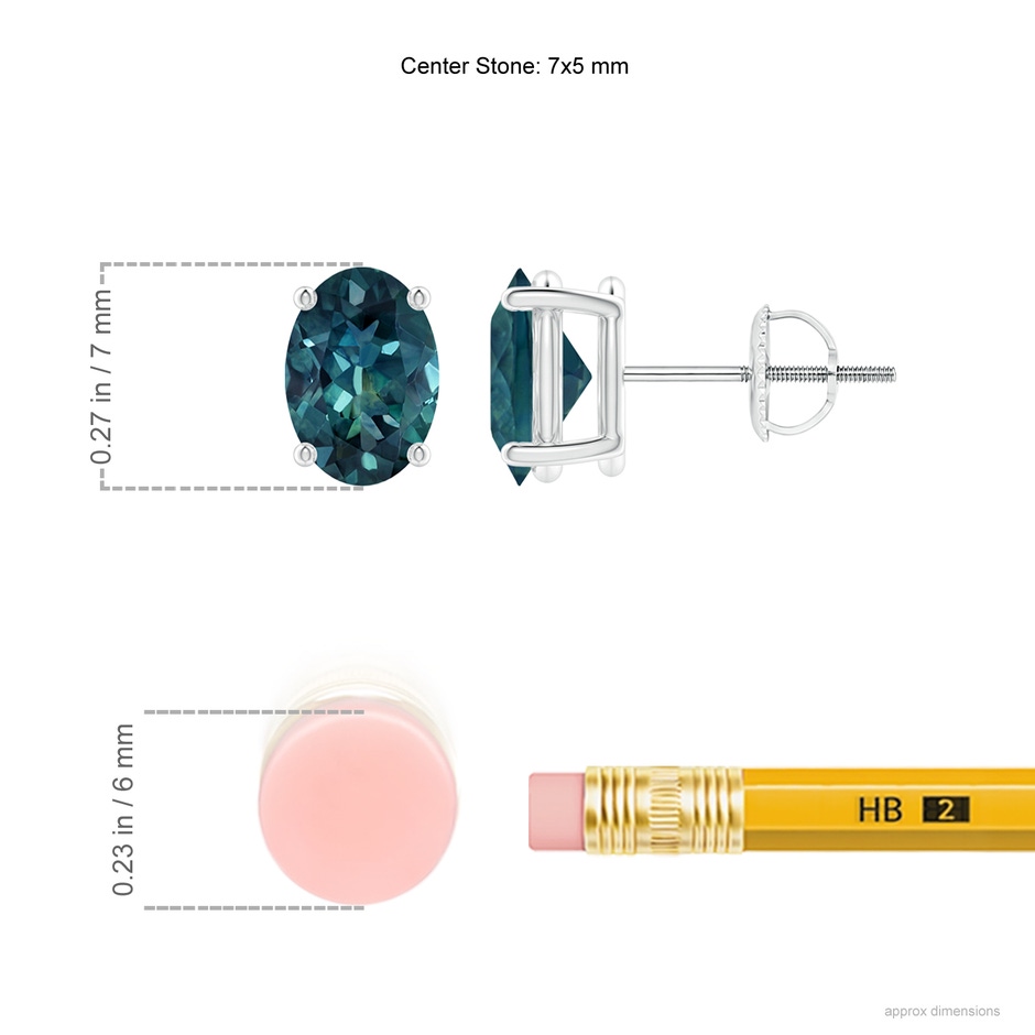 7x5mm AAA Claw-Set Solitaire Oval Teal Montana Sapphire Stud Earrings in P950 Platinum ruler