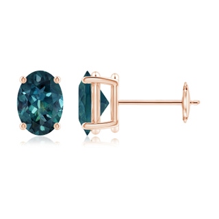 7x5mm AAA Claw-Set Solitaire Oval Teal Montana Sapphire Stud Earrings in Rose Gold