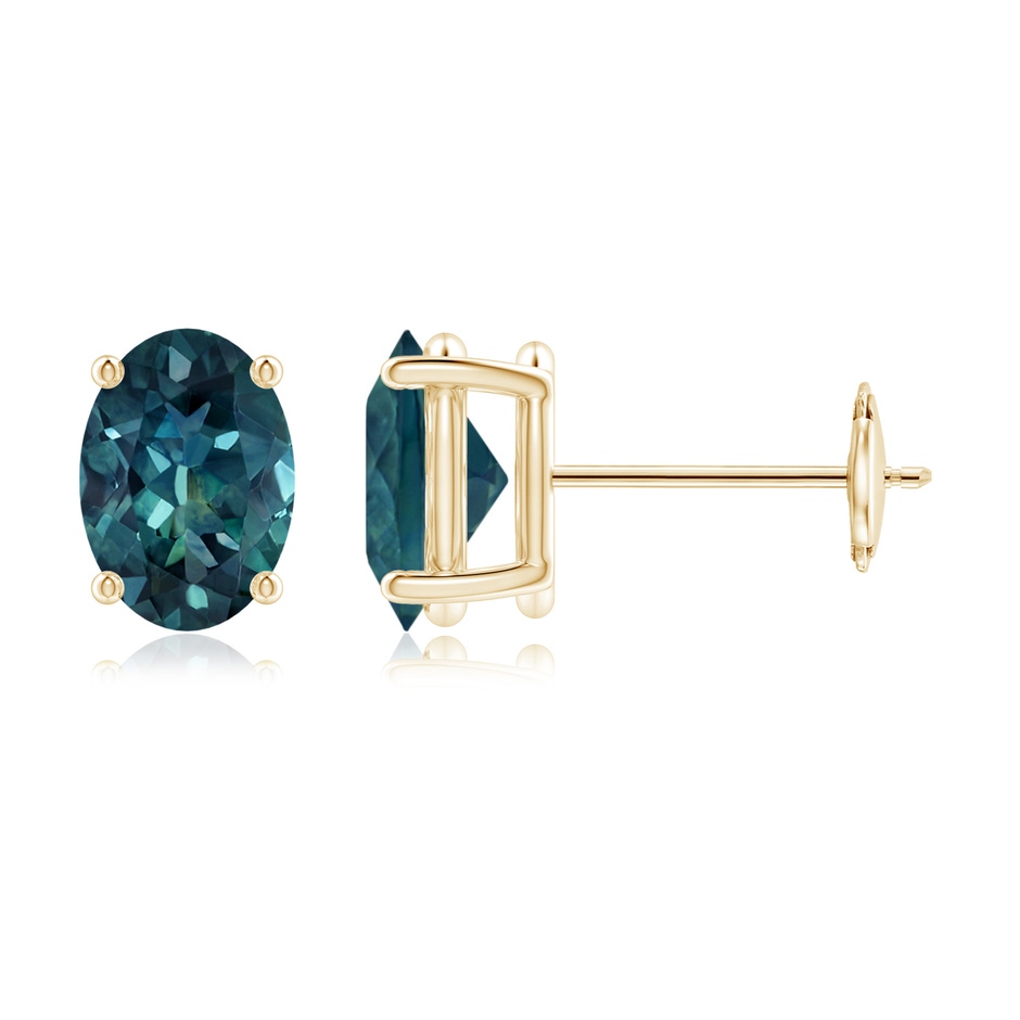 7x5mm AAA Claw-Set Solitaire Oval Teal Montana Sapphire Stud Earrings in Yellow Gold 