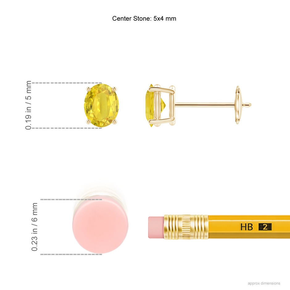 5x4mm AA Claw-Set Solitaire Oval Yellow Sapphire Stud Earrings in 9K Yellow Gold ruler