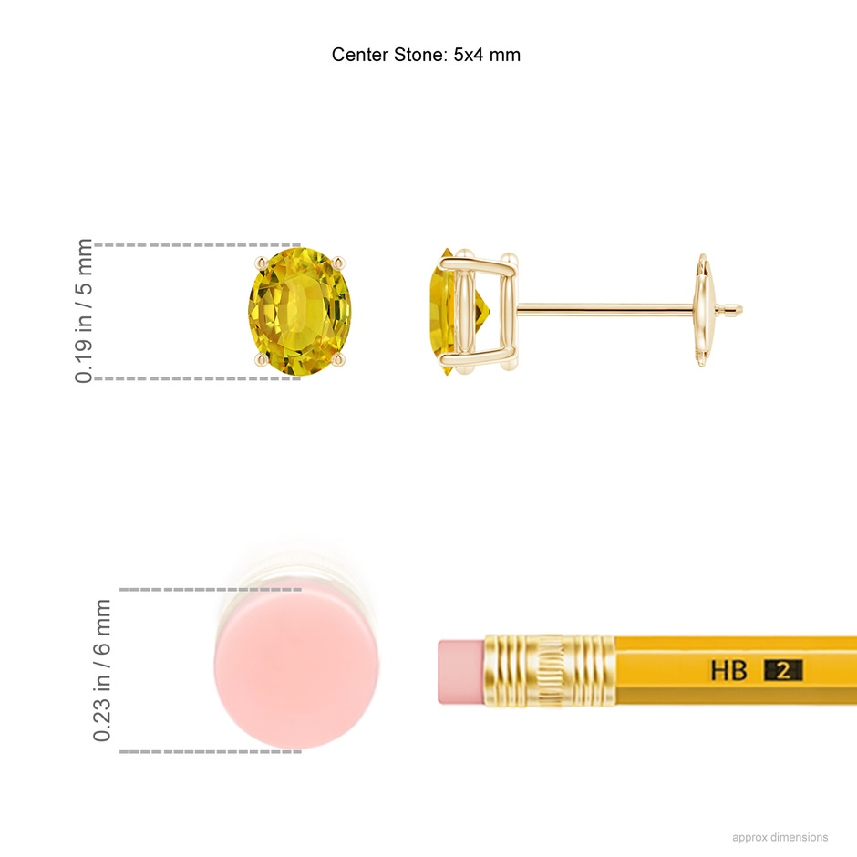 5x4mm AAAA Claw-Set Solitaire Oval Yellow Sapphire Stud Earrings in Yellow Gold ruler