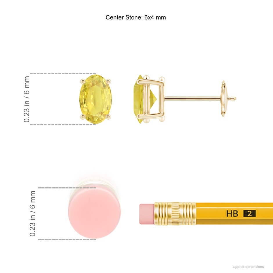 6x4mm A Claw-Set Solitaire Oval Yellow Sapphire Stud Earrings in 9K Yellow Gold ruler