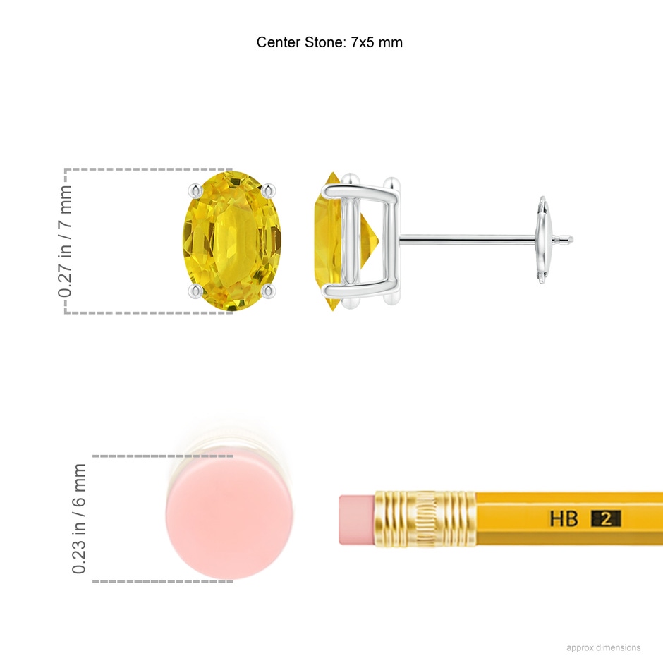 7x5mm AAA Claw-Set Solitaire Oval Yellow Sapphire Stud Earrings in White Gold ruler