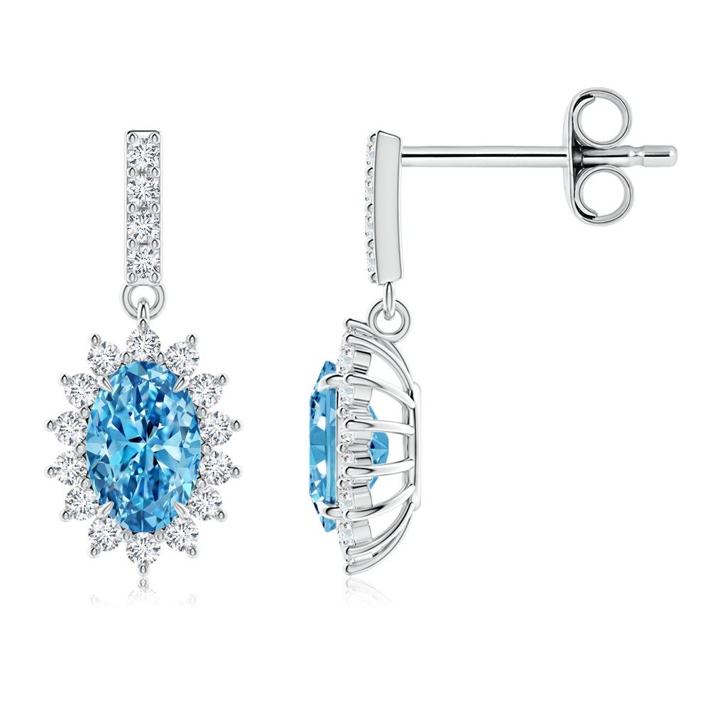 6x4mm AAAA Fancy Intense Blue Diamond Dangle Earrings with Floral Halo in P950 Platinum