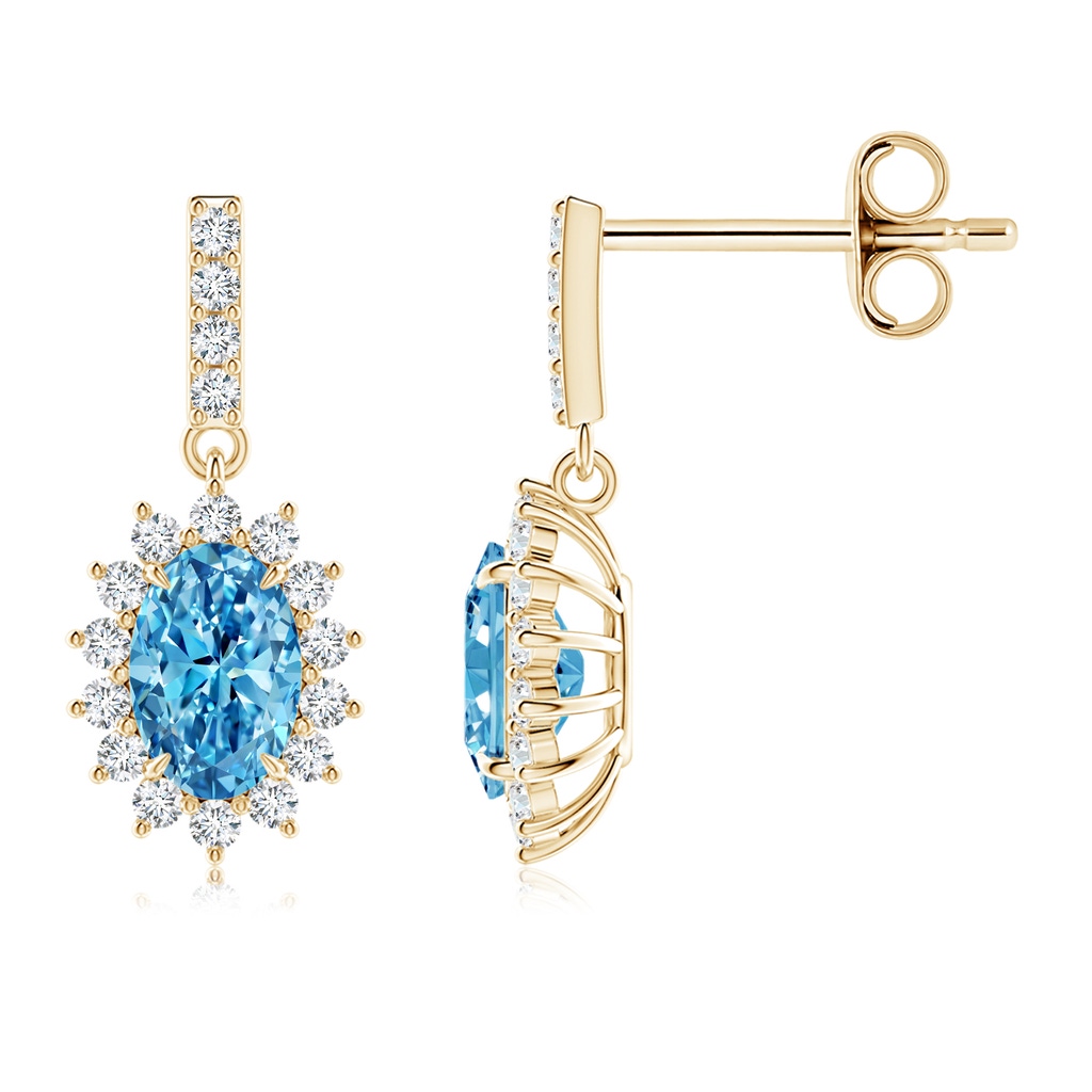 6x4mm AAAA Fancy Intense Blue Diamond Dangle Earrings with Floral Halo in Yellow Gold