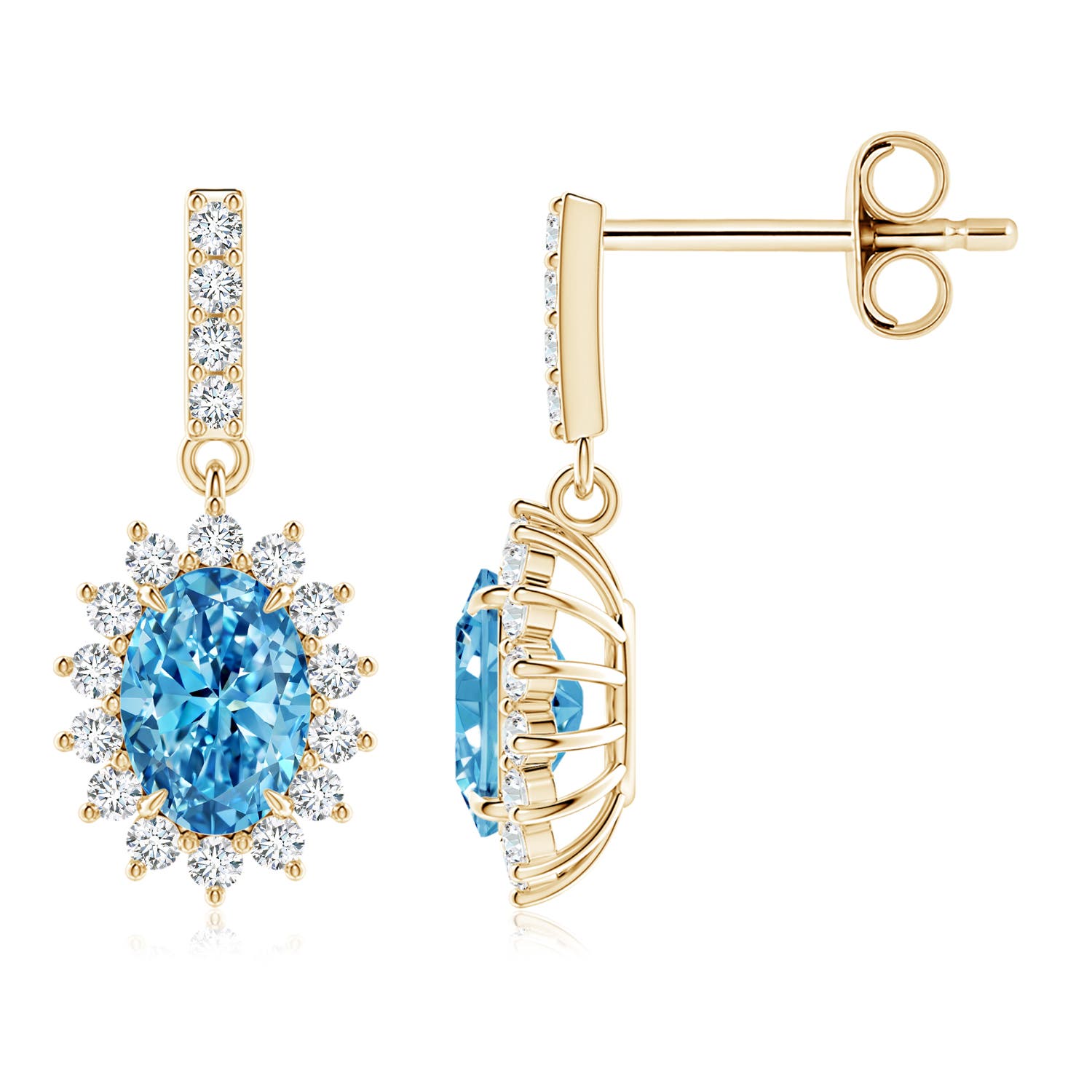 Angara 2.03 CTW Fancy Intense Blue Diamond Dangle Earrings with Floral Halo in 14K Yellow Gold