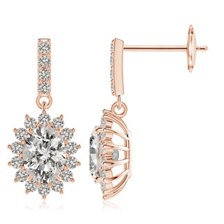 8x6mm KI3 Diamond Dangle Earrings with Floral Halo in Rose Gold