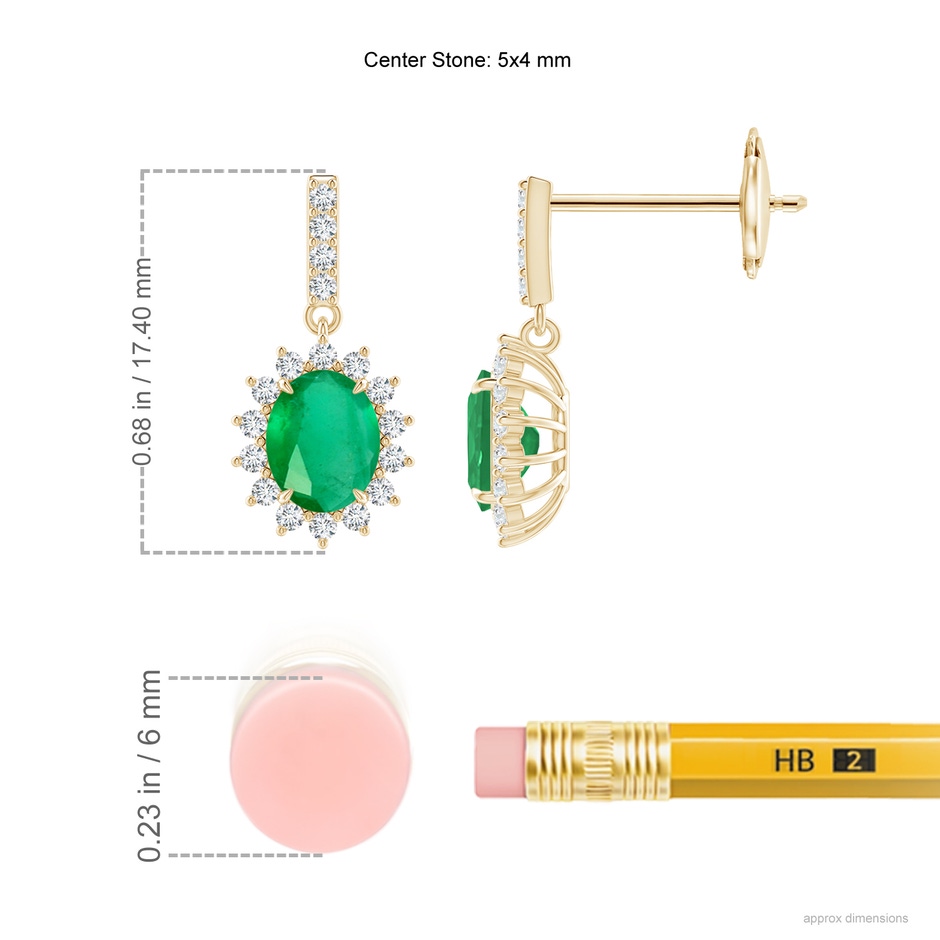 5x4mm A Emerald Dangle Earrings with Floral Diamond Halo in Yellow Gold ruler