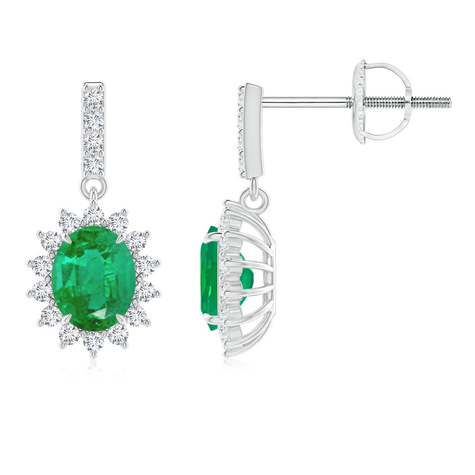 5x4mm AA Emerald Dangle Earrings with Floral Diamond Halo in P950 Platinum 