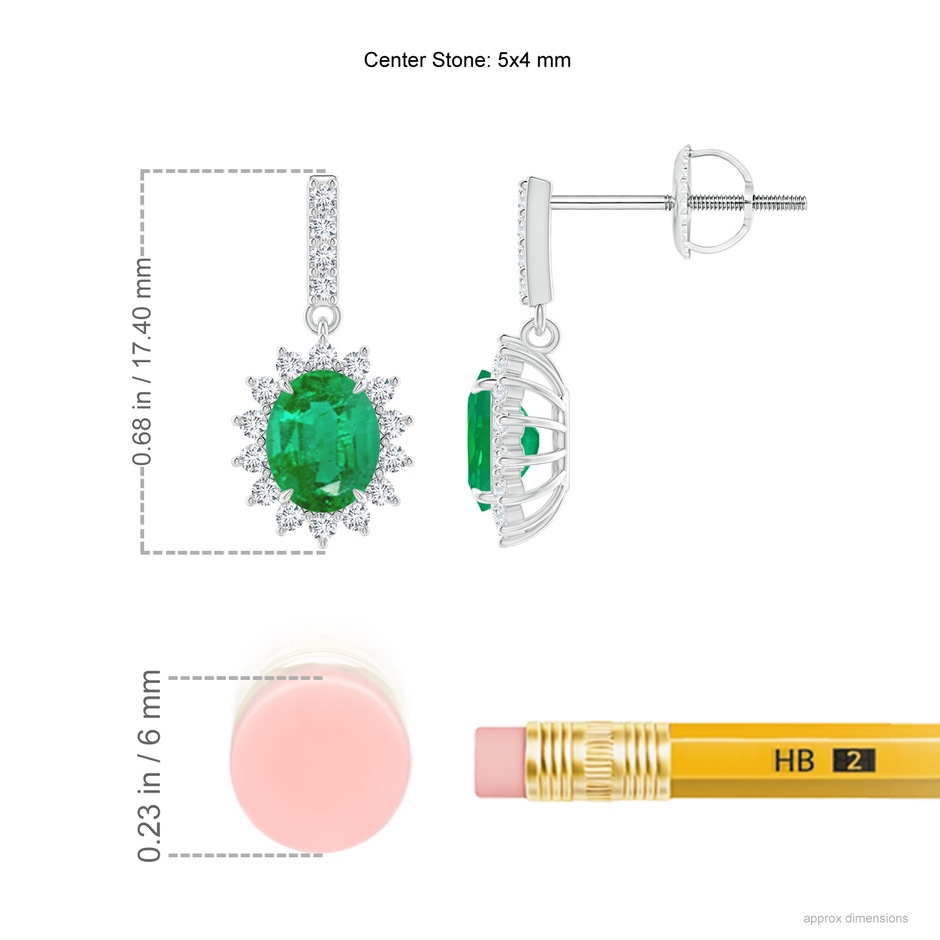 5x4mm AA Emerald Dangle Earrings with Floral Diamond Halo in P950 Platinum ruler