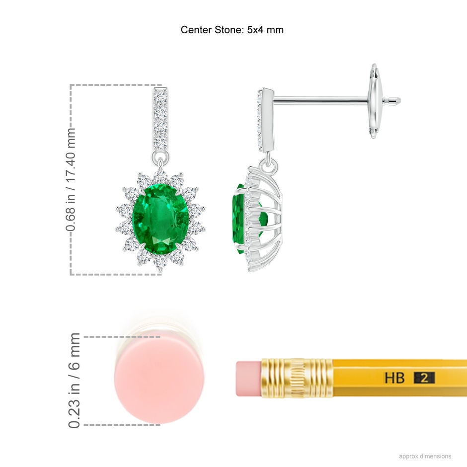 5x4mm AAA Emerald Dangle Earrings with Floral Diamond Halo in White Gold ruler