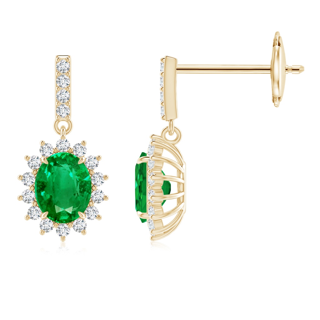 5x4mm AAA Emerald Dangle Earrings with Floral Diamond Halo in Yellow Gold