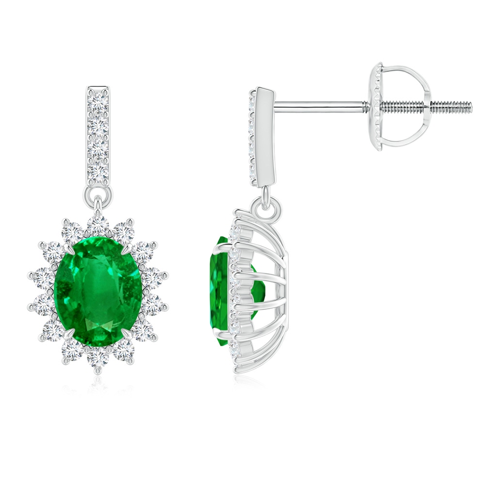 5x4mm AAAA Emerald Dangle Earrings with Floral Diamond Halo in P950 Platinum