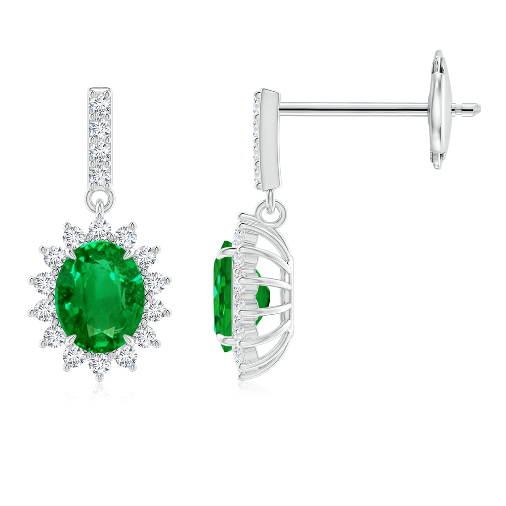 5x4mm AAAA Emerald Dangle Earrings with Floral Diamond Halo in White Gold