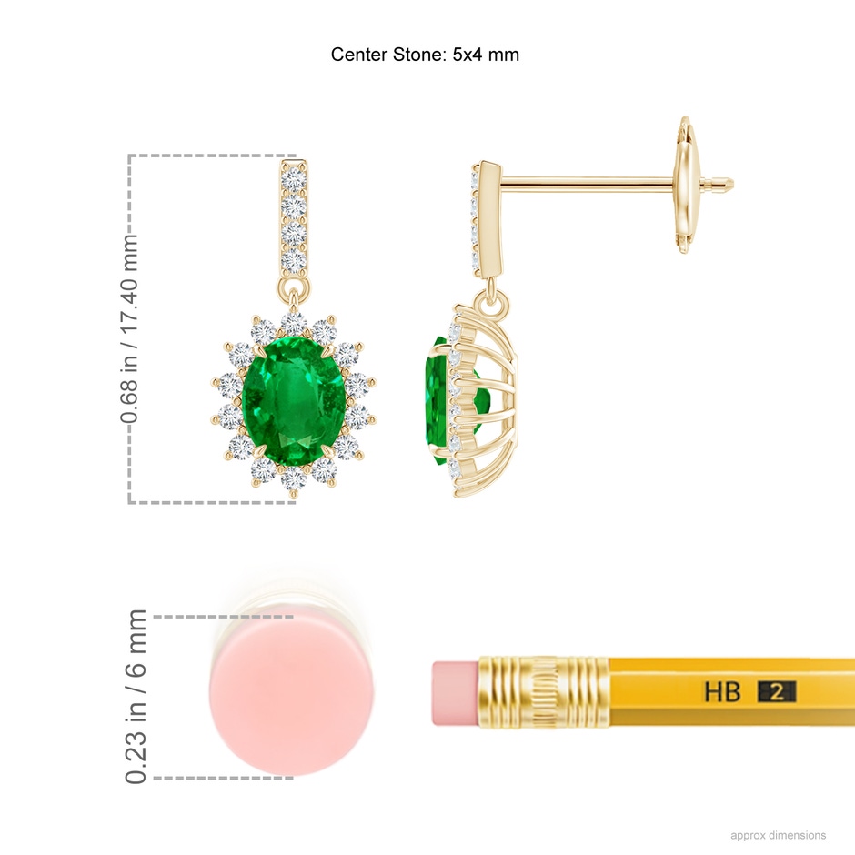5x4mm AAAA Emerald Dangle Earrings with Floral Diamond Halo in Yellow Gold ruler