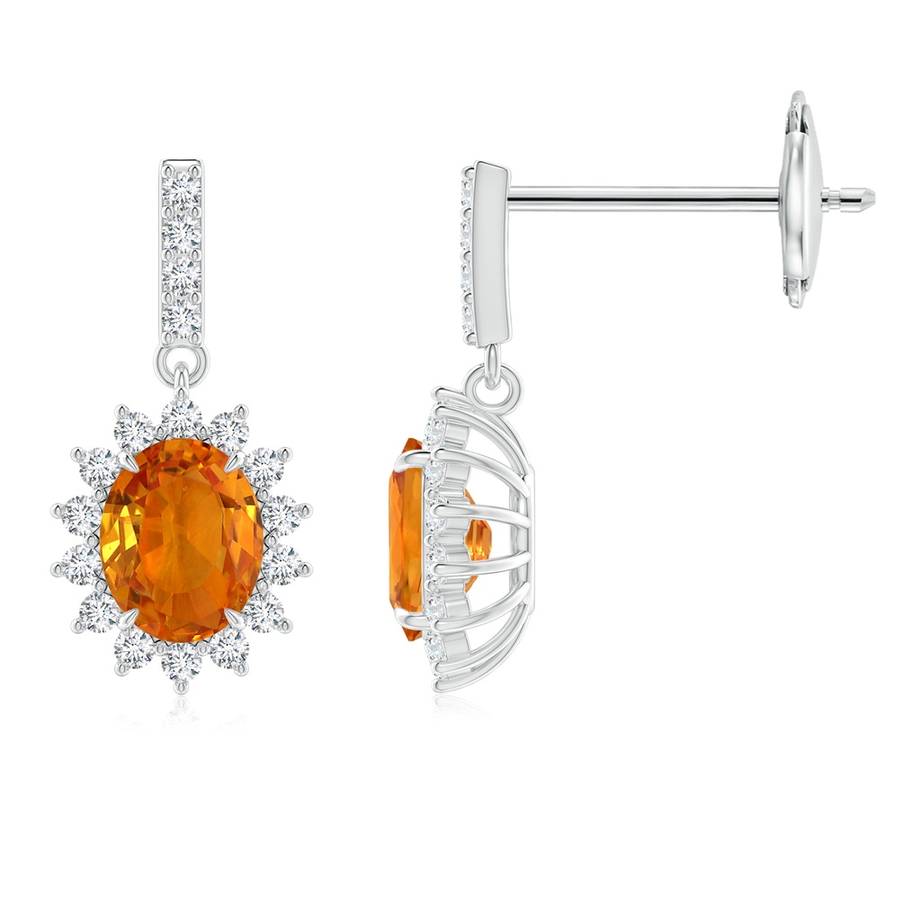 5x4mm AAA Orange Sapphire Dangle Earrings with Floral Diamond Halo in White Gold