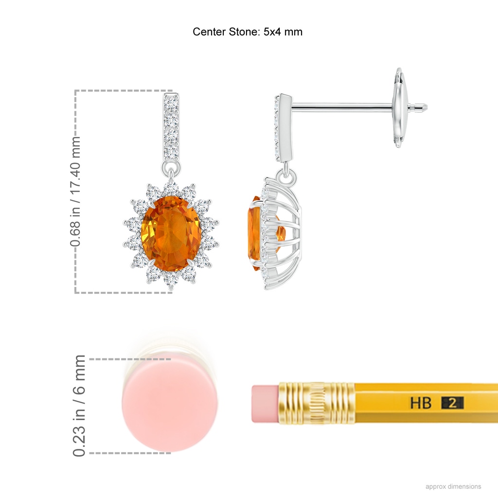 5x4mm AAA Orange Sapphire Dangle Earrings with Floral Diamond Halo in White Gold Ruler