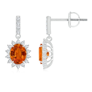 5x4mm AAAA Orange Sapphire Dangle Earrings with Floral Diamond Halo in P950 Platinum