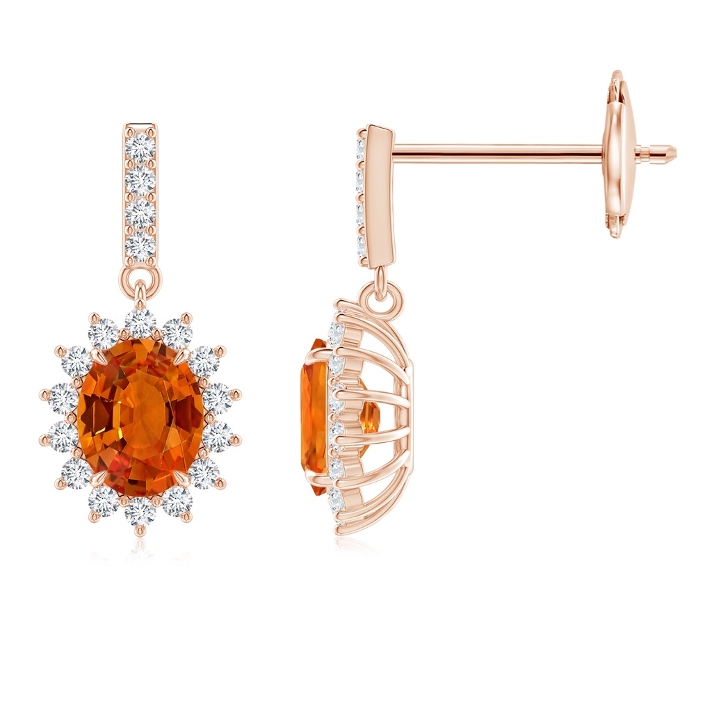 5x4mm AAAA Orange Sapphire Dangle Earrings with Floral Diamond Halo in Rose Gold
