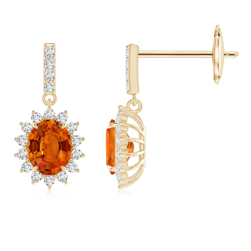 5x4mm AAAA Orange Sapphire Dangle Earrings with Floral Diamond Halo in Yellow Gold