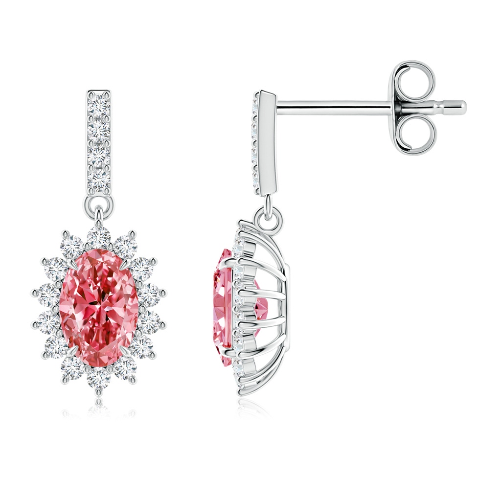 6x4mm AAAA Fancy Intense Pink Diamond Dangle Earrings with Floral Halo in P950 Platinum