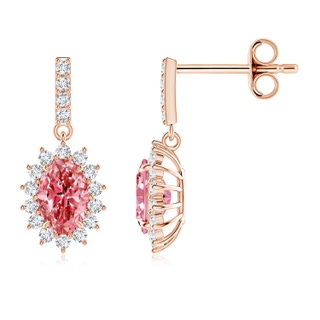 6x4mm AAAA Fancy Intense Pink Diamond Dangle Earrings with Floral Halo in Rose Gold