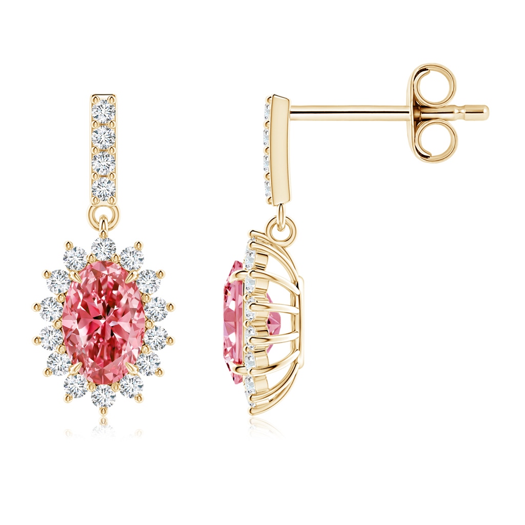6x4mm AAAA Fancy Intense Pink Diamond Dangle Earrings with Floral Halo in Yellow Gold