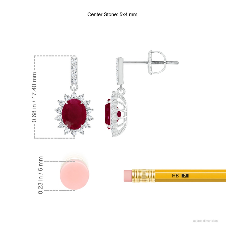 5x4mm A Ruby Dangle Earrings with Floral Diamond Halo in P950 Platinum ruler