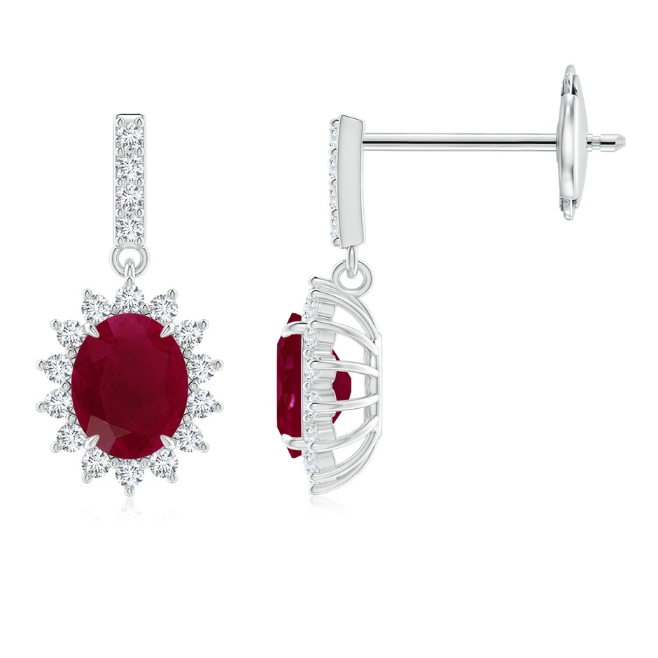 5x4mm A Ruby Dangle Earrings with Floral Diamond Halo in White Gold 