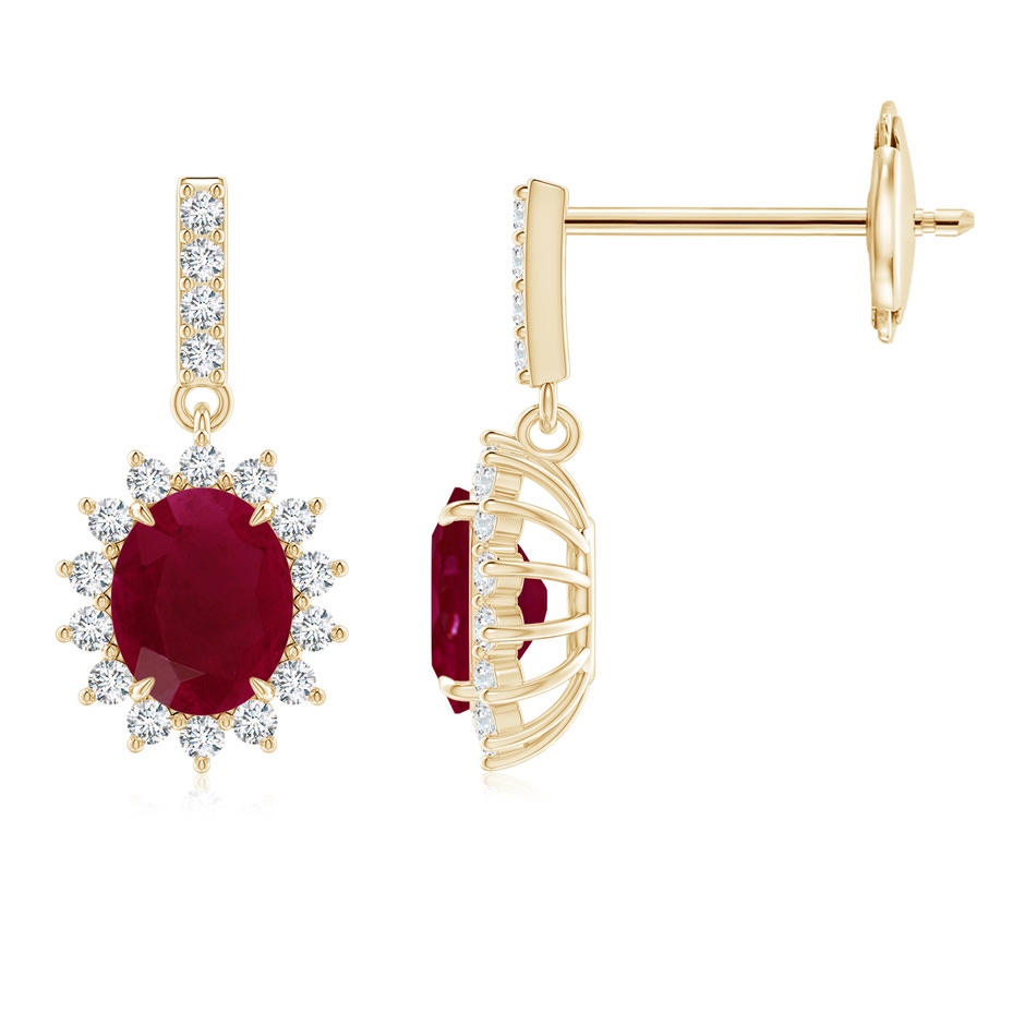 5x4mm A Ruby Dangle Earrings with Floral Diamond Halo in Yellow Gold 