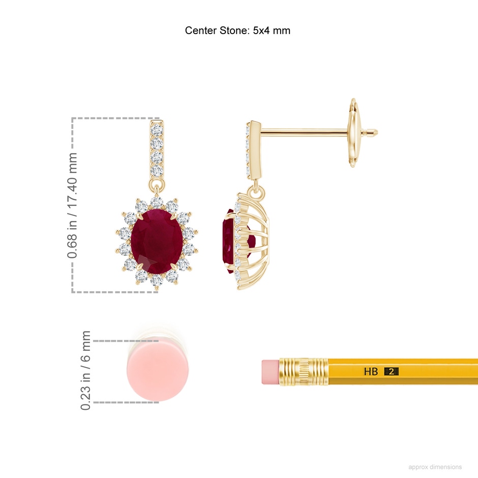 5x4mm A Ruby Dangle Earrings with Floral Diamond Halo in Yellow Gold ruler