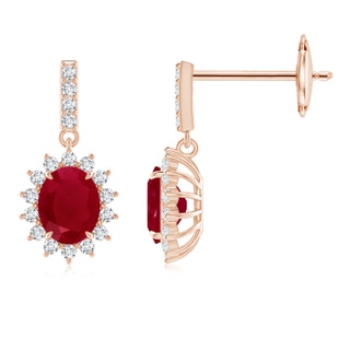5x4mm AA Ruby Dangle Earrings with Floral Diamond Halo in 9K Rose Gold