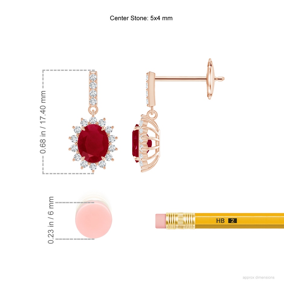 5x4mm AA Ruby Dangle Earrings with Floral Diamond Halo in 9K Rose Gold ruler