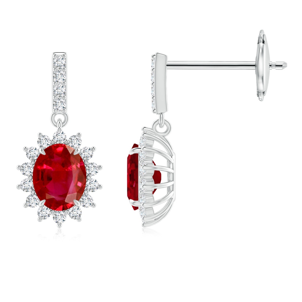 5x4mm AAA Ruby Dangle Earrings with Floral Diamond Halo in White Gold