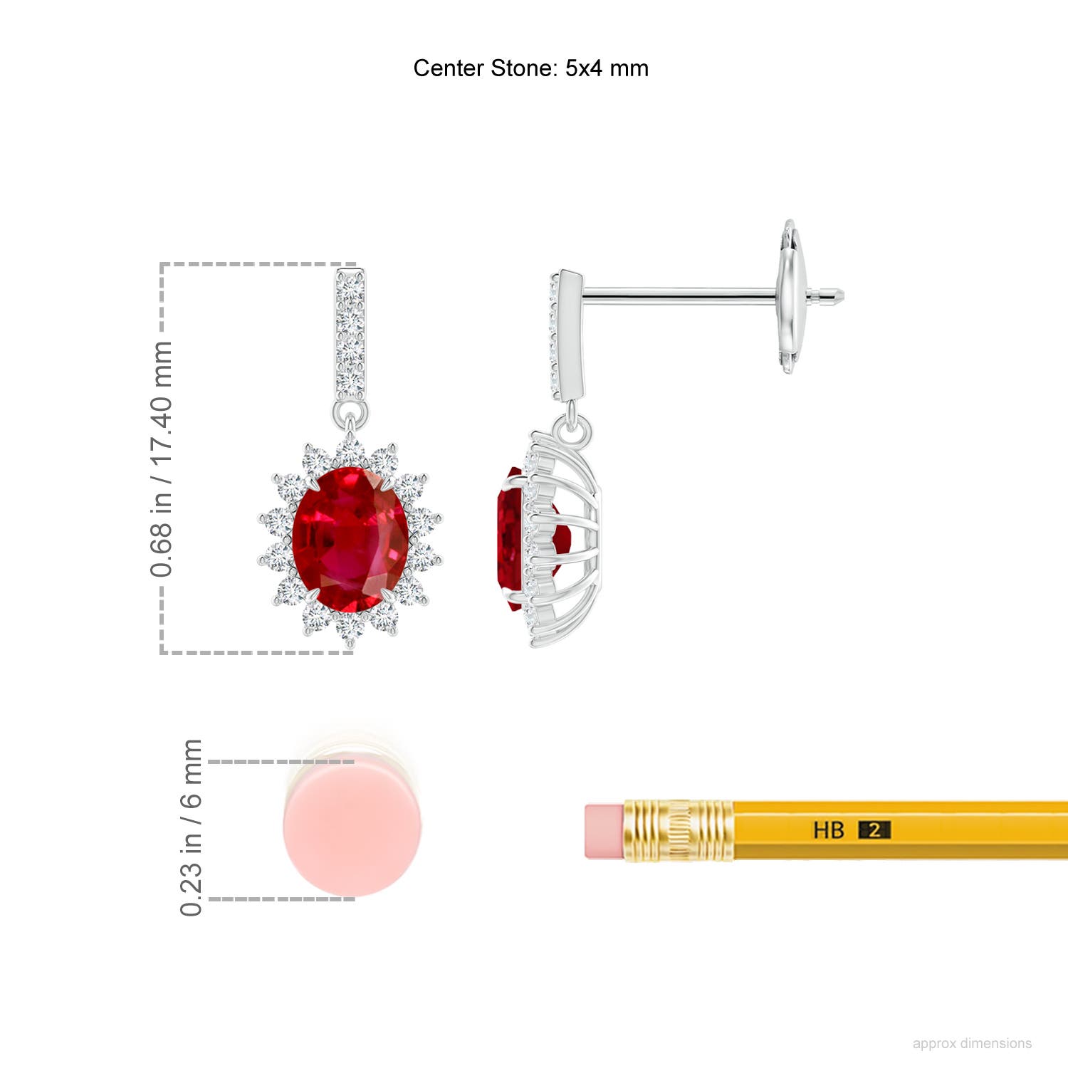 5x4mm AAA Ruby Dangle Earrings with Floral Diamond Halo in White Gold - ruler