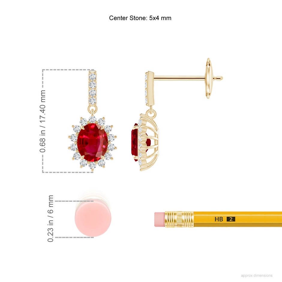 5x4mm AAA Ruby Dangle Earrings with Floral Diamond Halo in Yellow Gold ruler