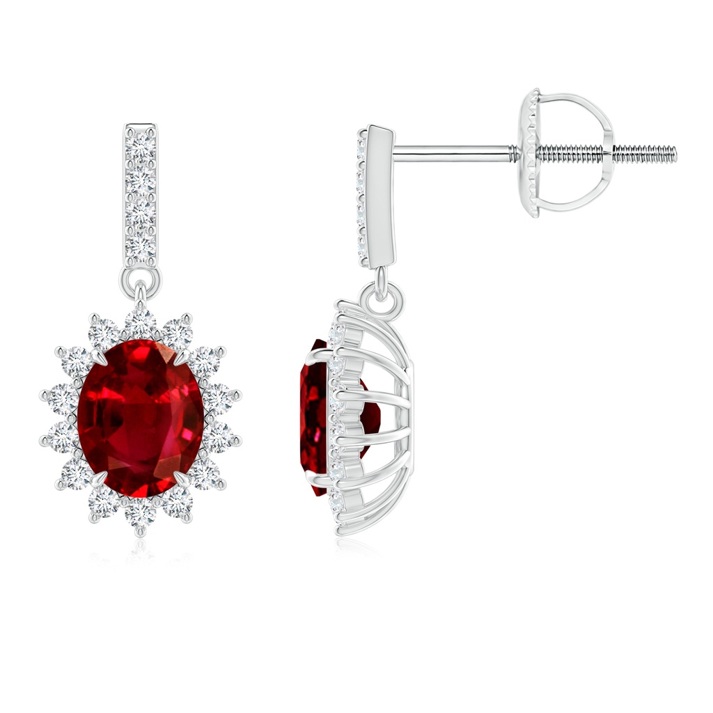 5x4mm AAAA Ruby Dangle Earrings with Floral Diamond Halo in P950 Platinum