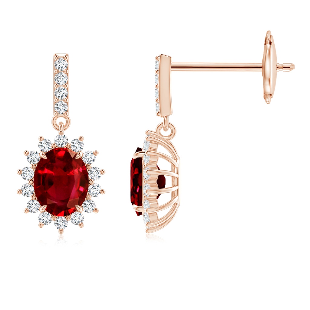 5x4mm AAAA Ruby Dangle Earrings with Floral Diamond Halo in Rose Gold