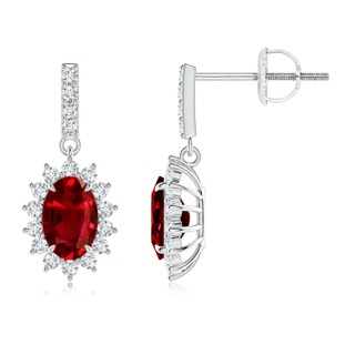 6x4mm AAAA Ruby Dangle Earrings with Floral Diamond Halo in P950 Platinum