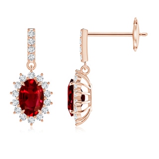 6x4mm AAAA Ruby Dangle Earrings with Floral Diamond Halo in Rose Gold