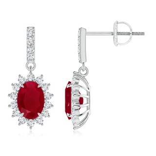 7x5mm AA Ruby Dangle Earrings with Floral Diamond Halo in P950 Platinum