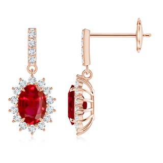 7x5mm AAA Ruby Dangle Earrings with Floral Diamond Halo in Rose Gold