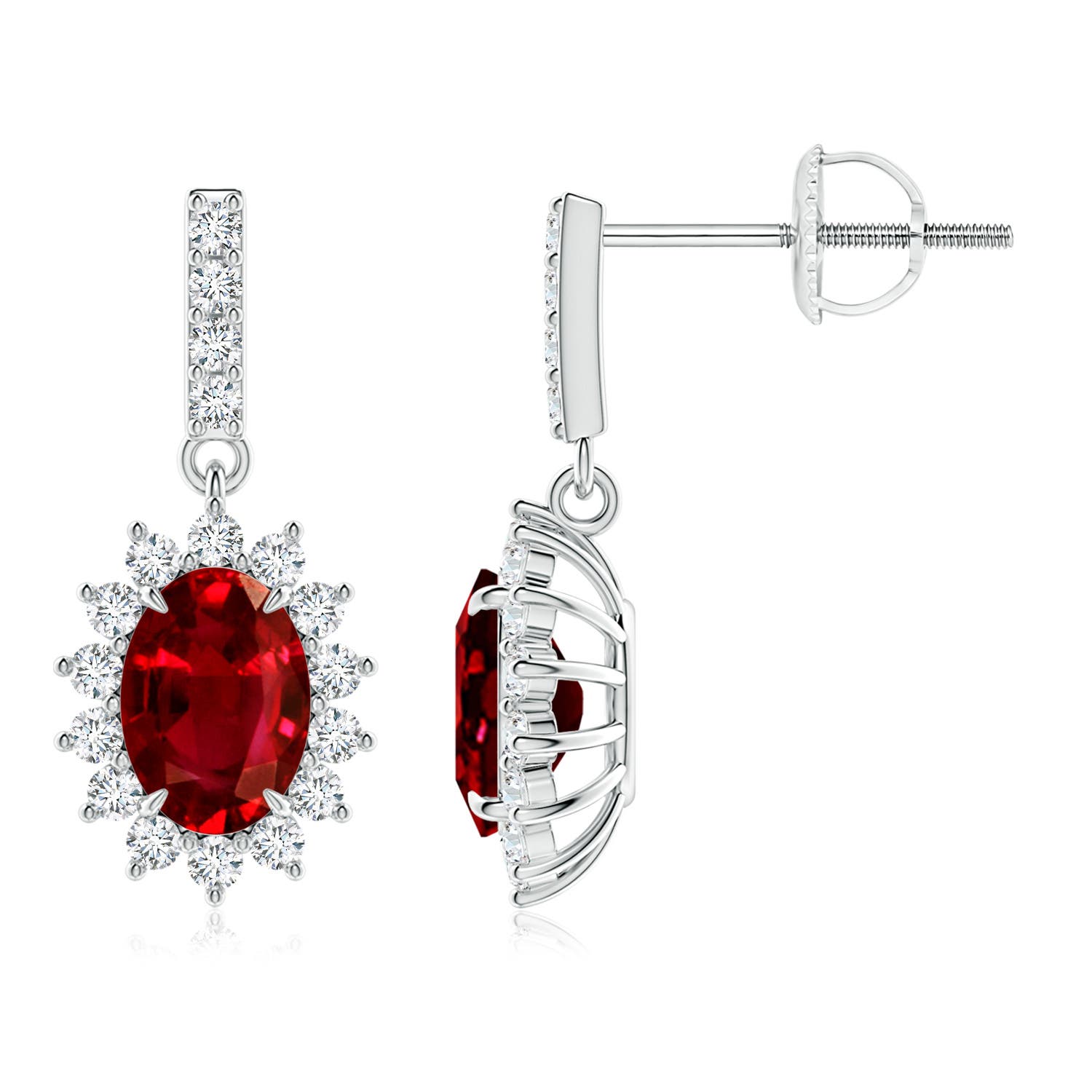 7x5mm AAAA Ruby Dangle Earrings with Floral Diamond Halo in P950 Platinum