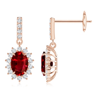 7x5mm AAAA Ruby Dangle Earrings with Floral Diamond Halo in Rose Gold