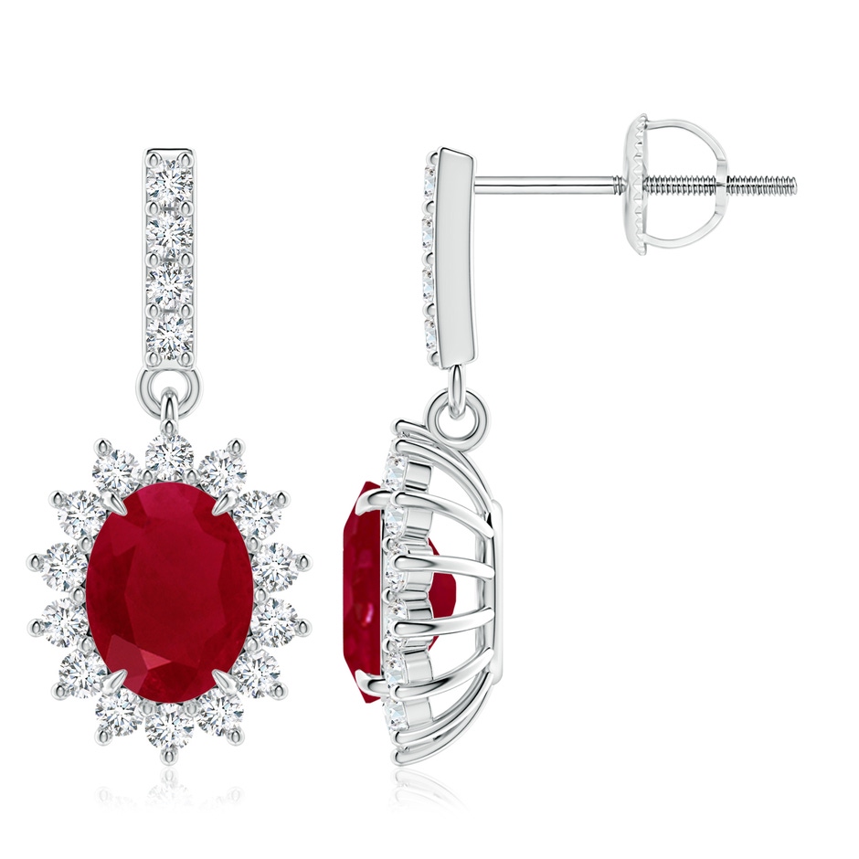 8x6mm AA Ruby Dangle Earrings with Floral Diamond Halo in P950 Platinum 