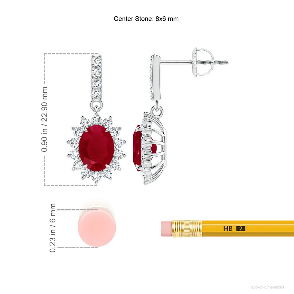 8x6mm AA Ruby Dangle Earrings with Floral Diamond Halo in P950 Platinum ruler