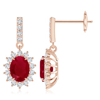 8x6mm AA Ruby Dangle Earrings with Floral Diamond Halo in Rose Gold