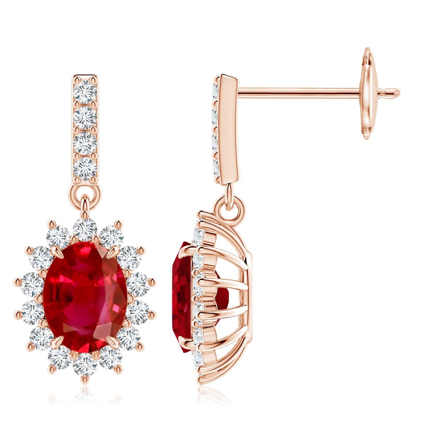 8x6mm AAA Ruby Dangle Earrings with Floral Diamond Halo in 18K Rose Gold