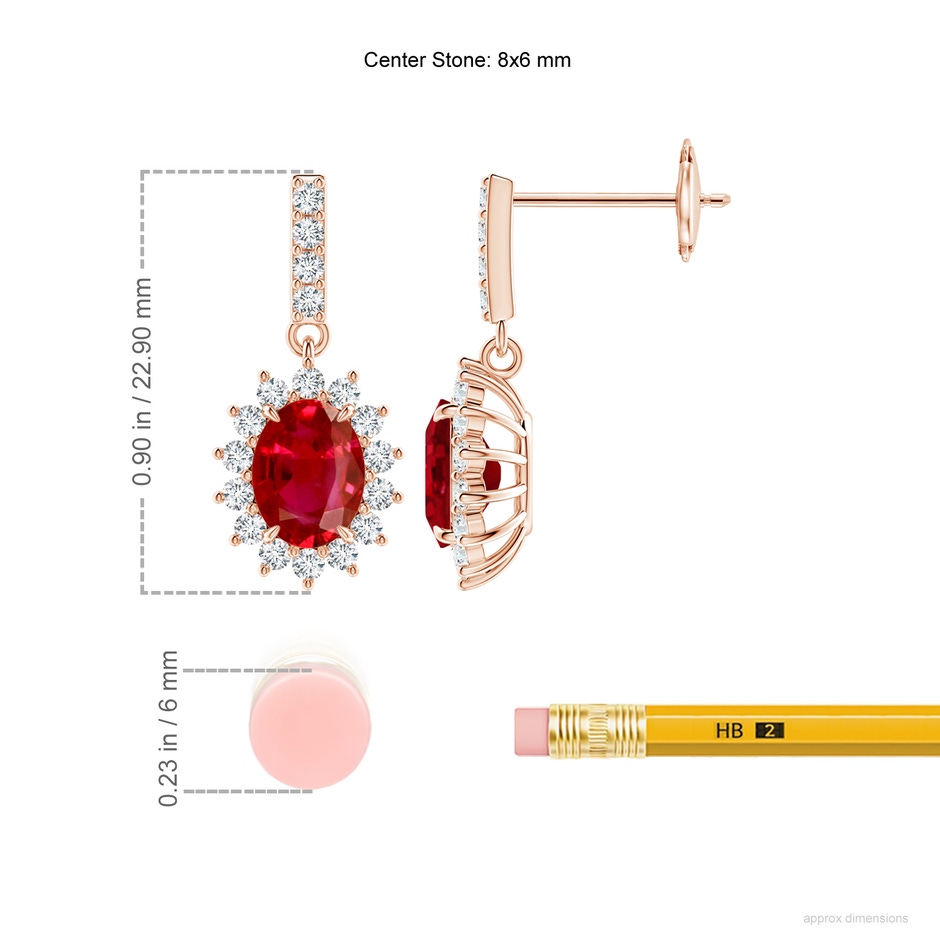 8x6mm AAA Ruby Dangle Earrings with Floral Diamond Halo in 18K Rose Gold ruler